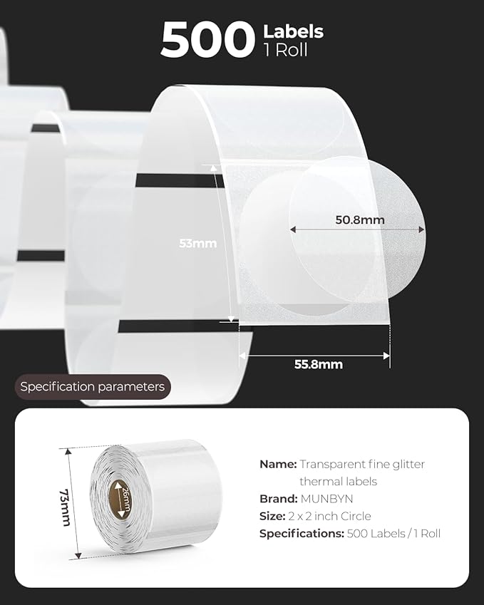 MUNBYN 2 Inch (50.8mmx50.8mm) Silver Fine Glitter Thermal Labels, Round Thermal Printer Stickers for Small Businesses, 500 Labels/1 Roll