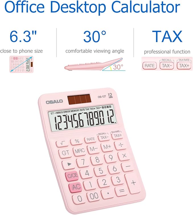 Pocket Small Size Desk Calculator, 12 Digit Large LCD Display, Basic Tax Function Handheld Desktop Calculator with Solar Battery Dual Power, Perfect for Office, School, Business OS-12T (Pink)