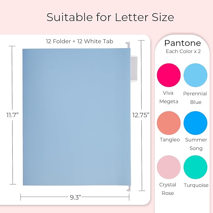 Y YOMA 12 Pack Colored Hanging File Folders Letter Size Decorative Hanging Folder Cute Pretty File Folder Organizer for Filing Cabinet Office Home with 1/5-Cut Adjustable Tabs, 6 Selected Color