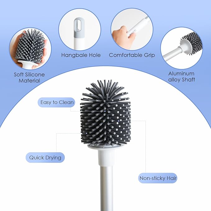 QUIVIX Toilet Cleaner Brush, Silicone Toilet Brush+Pumice Stone for Toilet Cleaning, with Non-Slip Long Handle, Wall Mounted/Floor Standing, Toilet Brush Set for Bathroom RVs