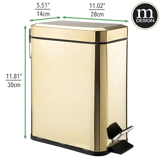mDesign Metal Freestanding Slim Toilet Bowl Brush and Holder + Rectangle Narrow 5 Liter / 1.3 Gallon Step Pedal Trash Can Wastebasket for Bathroom - Small, Compact Design - Set of 2 - Soft Brass