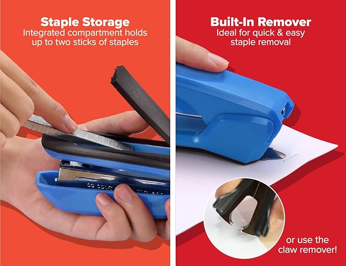 Bostitch Office Ascend 3 in 1 Stapler Value Pack, 20 Sheet Capacity, Includes 5000 Staples, Integrated Remover & and Extra Staple Remover, Staple Storage Compartment, Assorted Colors (Colors May Vary)