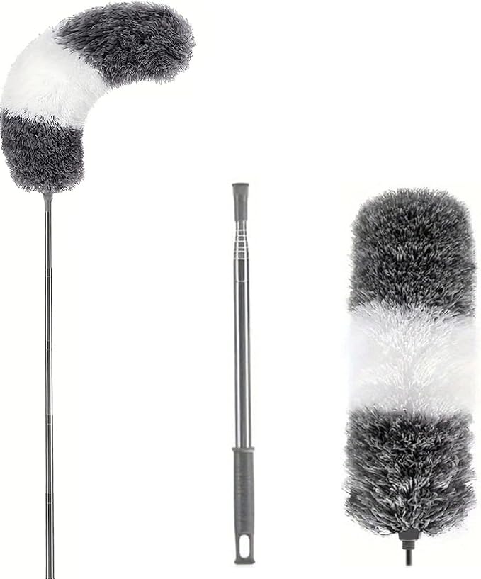 TopHomer Fiber Feather Duster with Stainless Steel Extendable Pole, Ceiling Fan Cleaner for Cobwebs High Ceiling Fan, Interior Roof, Wet & Dry Use (Model D)