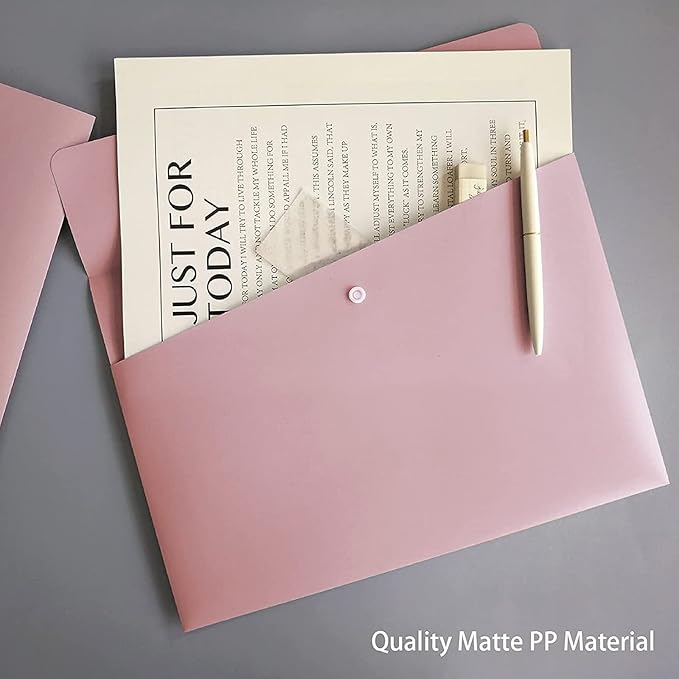 VANRA Poly File Folders Letter Size File Jackets Organizer Plastic Envelope A4 Flat Document Holder with Snap Button Closure (Pastel Pink, Pack of 5)