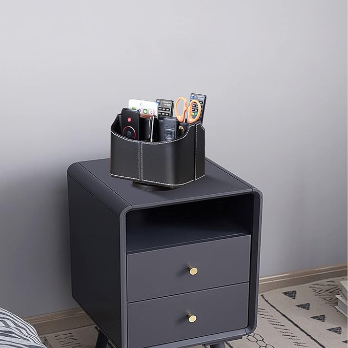 YAPISHI Leather Remote Control Holder, 360 Degree Spinning Desk TV Remote Caddy/Box,Bedside Table Organizer for Controller, Media, Mail, Calculator, Mobile Phone and Pen Storage