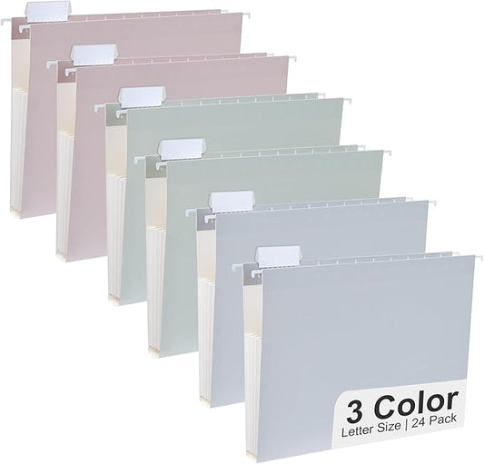 Y YOMA Letter Size - 24 Pack Extra Capacity Hanging File Folders Accordion Decorative Reinforced File Folder Cute Colored Expandable Folder for Office Home with 1/5-Cut Adjustable Tabs, Morandi Color