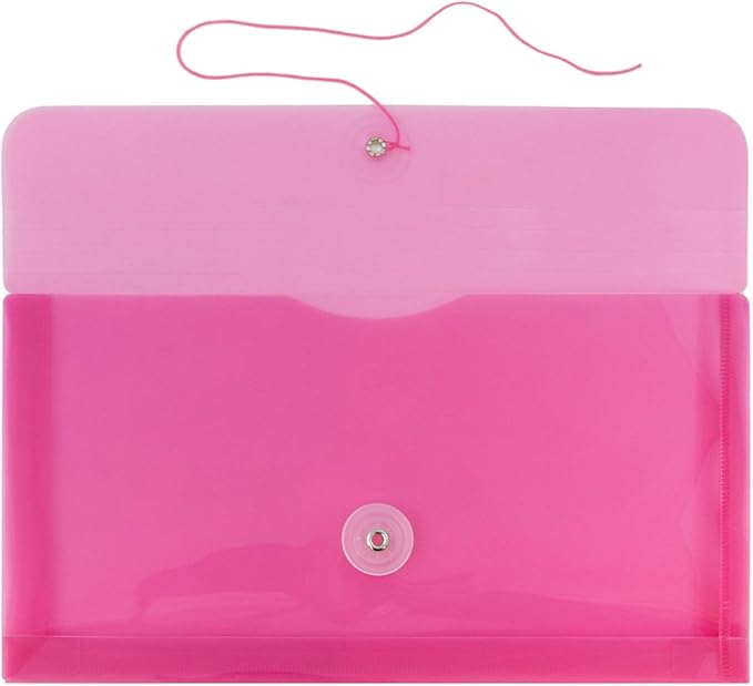 JAM PAPER Plastic Envelopes with Button & String Tie Closure - #10 Business Booklet - 5 1/4 x 10 - Fuchsia Pink - 12/Pack