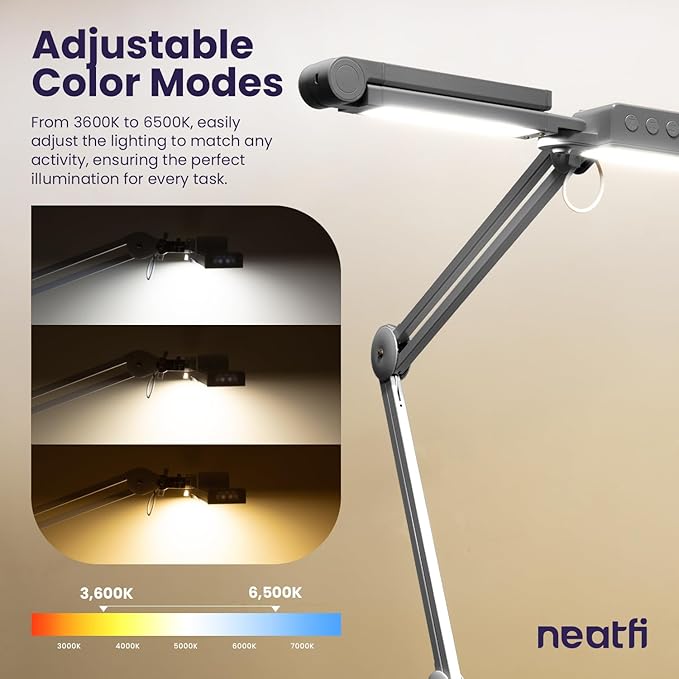 Neatfi (New Model) 3,000 Lumens LED Desk Lamp, Dimmable, 360 SMD LEDs, 30W, CRI 95, Adjustable Light Modes, Task Lamps for Home Office, Study Lamp, Desk Light Bar (CCT with Clamp, Silver, 44 Inches)