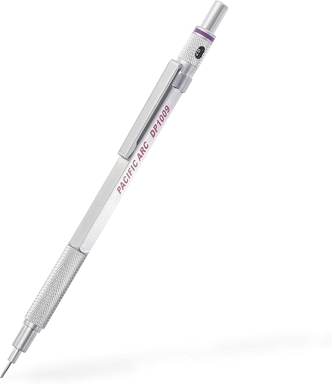 Pacific Arc Chromograph Metal Mechanical Pencil .9 mm Silver Barrel Mechanical Pencil with Built In Lead Pencil Grade Indicator, Lead Pencil Holder for Drafting, Sketching, and Drawing