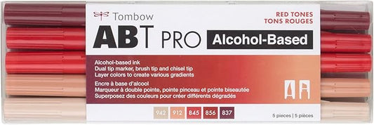 Tombow 56974 ABT PRO Alcohol Markers, Red Tones, Set of 5 Colors – Dual Tip, Permanent Art Markers Feature Chisel and Brush Tips Perfect for Coloring, Sketching, and Creating Color Gradients