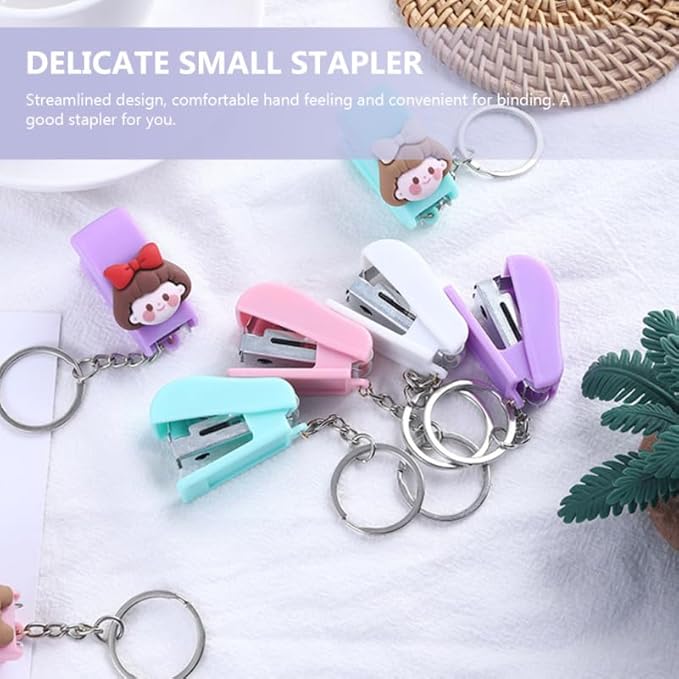 Veemoon Small Stapler with Keychain, 3pcs Portable Mini Stapler with 1 Box Staples Home School Office Supplies DIY Tools (Purple + Green + Pink + Staples)