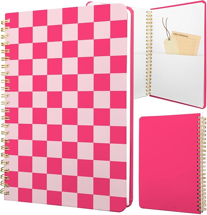 Cute Spiral Notebook journal A5 Aesthetic Pretty Floral Design for Women Girls Kawaii with Pocket, 8.5 x 5.7 inch, Pink Plaid