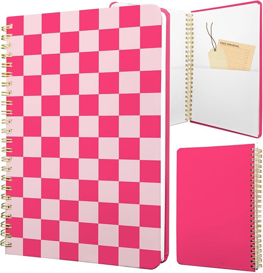 Cute Spiral Notebook journal A5 Aesthetic Pretty Floral Design for Women Girls Kawaii with Pocket, 8.5 x 5.7 inch, Pink Plaid