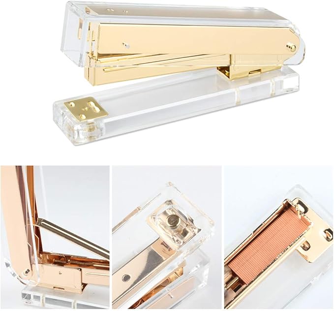 Gold Acrylic Stapler Set - Desk Accessory & Decoration Kit for Gift, Clear Stapler with 1000 Pcs Staples and Staple Remover, Tape Dispenser, Office Supplies Set