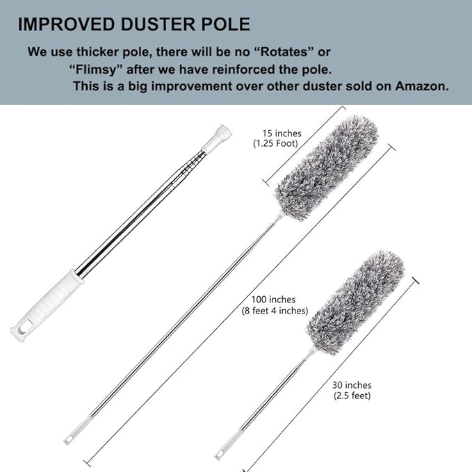 HEOATH Microfiber Feather Duster with Extendable Pole, 30-100 inches Extra Long Cobweb Duster for Cleaning, Bendable Head, Non-Scratch, Washable Duster for Ceiling, Fan, Furniture Gray