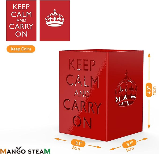 Mango Steam Metal Pen Holder, Makeup Brush Cup Organizer for Office, Bathroom, Vanity (Keep Calm, Red)