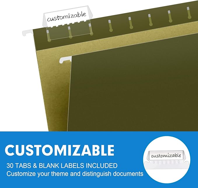 Extra Capacity Hanging File Folders, RAZCC 30 Pack Letter Size Reinforced Hanging Folders with Heavy Duty 3 Inch Expansion for Bulky Files, Filing Cabinet, Adjustable Tabs, Green