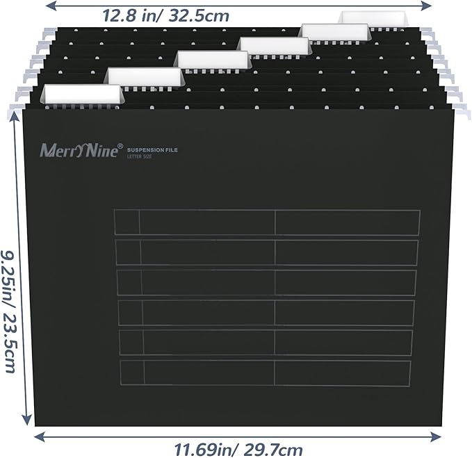 Merrynine Hanging File Folders Letter Size 72pcs, Paper Filing Cabinet Folders Organizer with 1/5-Cut Tabs and Inserts, Suspension File Organizers for Office School Home Hospital, Black