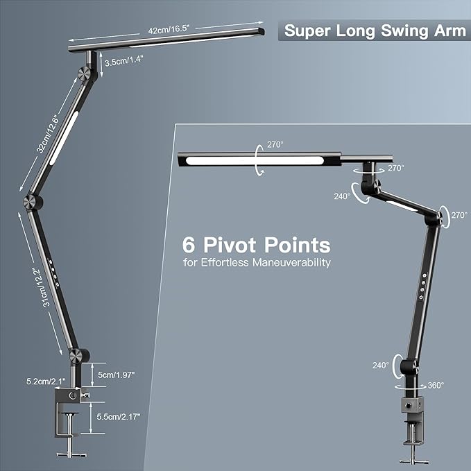 VERSKI LED Desk Lamp, Desk Light for Home Office, Dual Light Source 18W Brightest, Eye-Caring Optical Lens, Office Lamp, 5 Color Modes & Brightness, Aluminum Alloy Drafting Light, Clamp Lamp