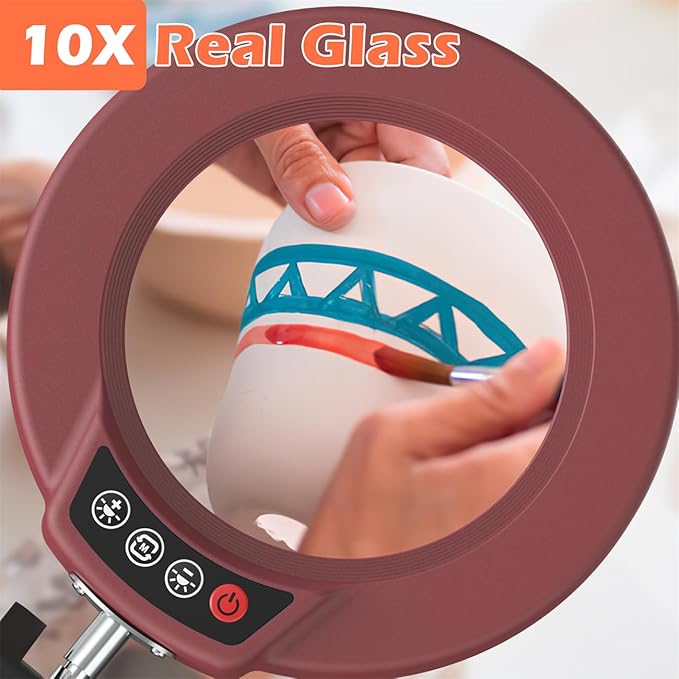 10X Magnifying Glass with Light and Stand, Real Glass Lens Desk Lamp, Lighted Magnifier with Light Stepless Dimming Hands Free for Craft, Reading, Painting, Sewing, Solder - Red