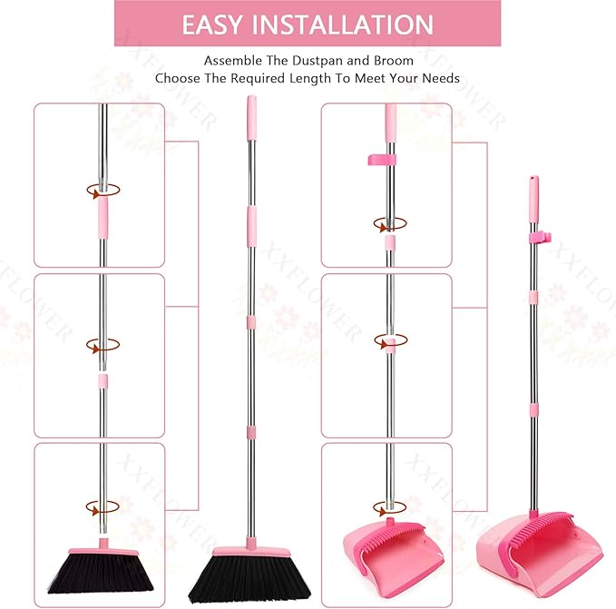 XXFLOWER Broom and Dustpan Set, Dustpans with Broom Combo for Home, Heavy Dust Broom and Dustpan Combo, Long Handle Dust Pan and Broom Set for Kitchen, Office, Pet Hair,Pink, Pack of 1
