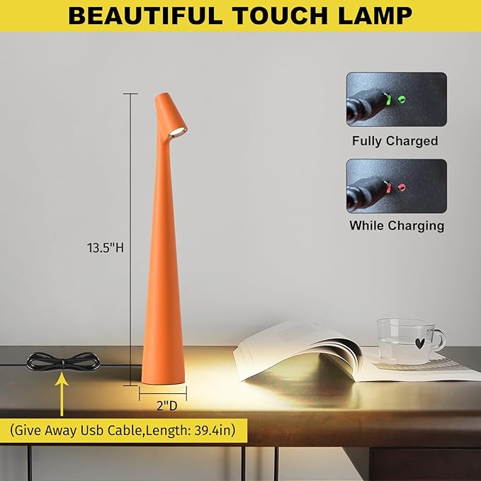 Cordless Small Table Lamps,3 Levels Brightness Portable Desk Lamp,Rechargeable Battery Lights for Outdoor, Restaurant, Bedside, Baby Night Light,Gifts(Orange)