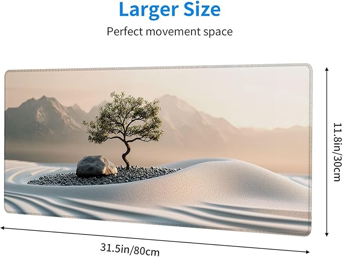 Minimalist Art Gaming Mouse Pad Desk Pad Calm Pebble Beach Zen Tree Gaming Mouse Mat with Stitched Edges,Non-Slip Waterproof Rubber Base Mouse Mat Office Computer Keyboard Laptop Home 31.5"x11.8"