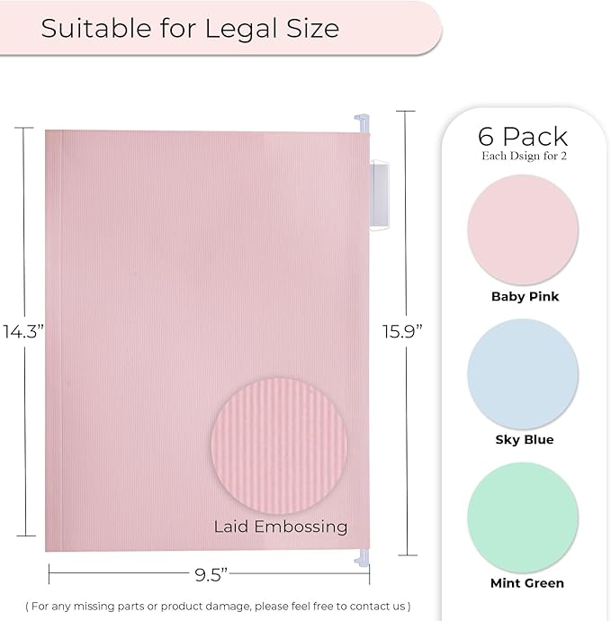 Y YOMA Legal Size - 6 Pack Extra Capacity Hanging File Folders Accordion Decorative Reinforced File Folder Cute Colored Expandable Folder for Office Home with 1/5-Cut Adjustable Tabs, Pastel Color