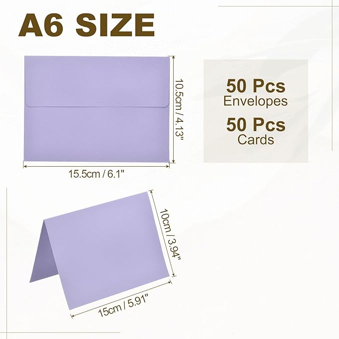 PATIKIL 50Pack Light Purple 4x6 Blank Cards and Envelopes, Self Seal A6 Envelopes with Folded Cardstock Small for Greeting Cards Wedding Greeting Birthday Invitations Letter Mailing