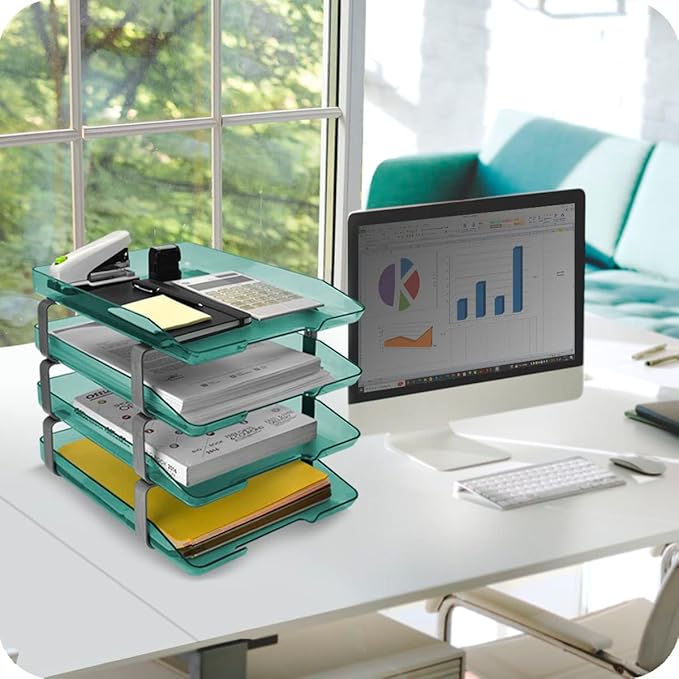 Acrimet Traditional 4 Tier Letter Tray, Front Load Design, A4 Letter Size, Desktop Organizer (Plastic) (Clear Green Color)