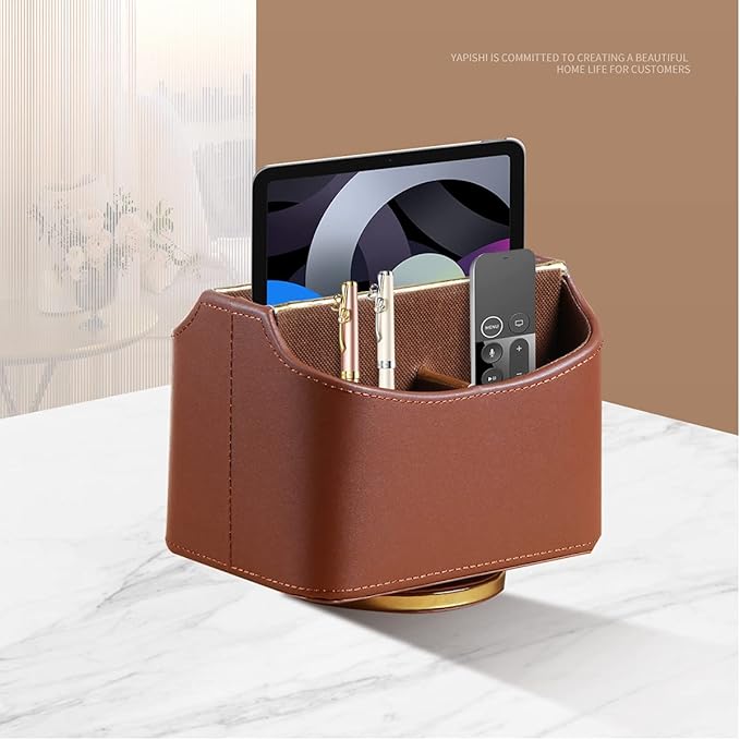 YAPISHI Remote Control Holder, Swivel Desk Organizer and Accessories Decorations for Living Room, PU Leather Room Decor Aesthtic, Bedside Table Organizer Remotes Caddy for TV Controllers/Stationery