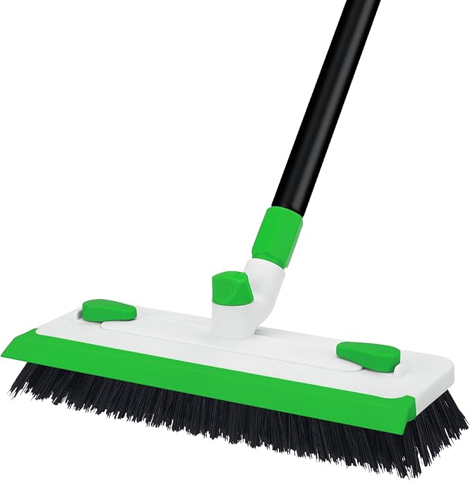 Floor Scrub Brush with Long Handle, 3-in-1 Floor Scrubber Brush with Squeegee Stiff Bristle Deck Brush for Cleaning Tile Bathroom Patio Deck Garage Grout