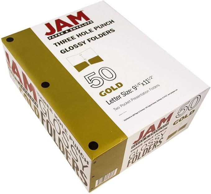JAM PAPER Laminated Two Pocket Glossy 3 Hole Punch School Folders - Letter Size - High Gloss Gold - Bulk 50/Box