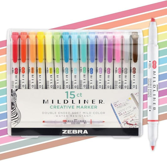 Zebra Pen Mildliner Double-Ended Highlighter Set, Broad and Fine Point Tips, Ideal for Bible Highlighting, No Bleed, Assorted Ink Colors, 15-Pack (78115)