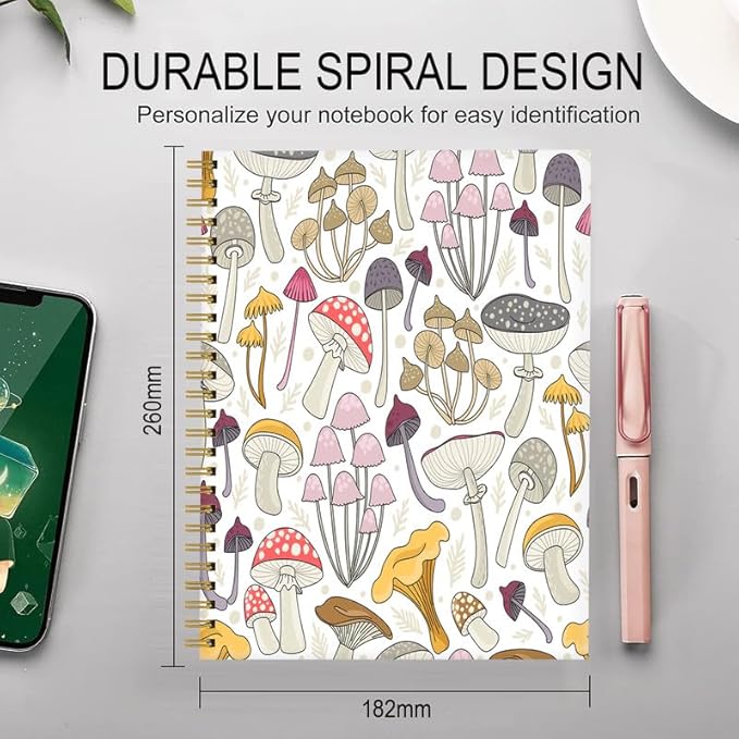 Spiral Journal Notebook for Women,A5 College Ruled Notebooks 6"x 8.4", 120 Pages (60 Sheets) Lined Journal with Premium Thick Paper,Perfect for School Office Home(Colorful Mushroom)