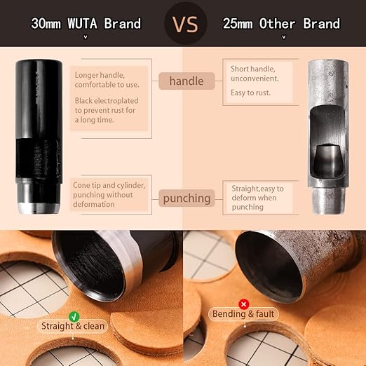 WUTA Black Round Hole Punch Leather Hollow Punch Steel Watches Belts Scrapbooking Paper Leather Tools for Watch Band, Fabric, Plastic 6+8+10+12mm+15mm (5pcs)