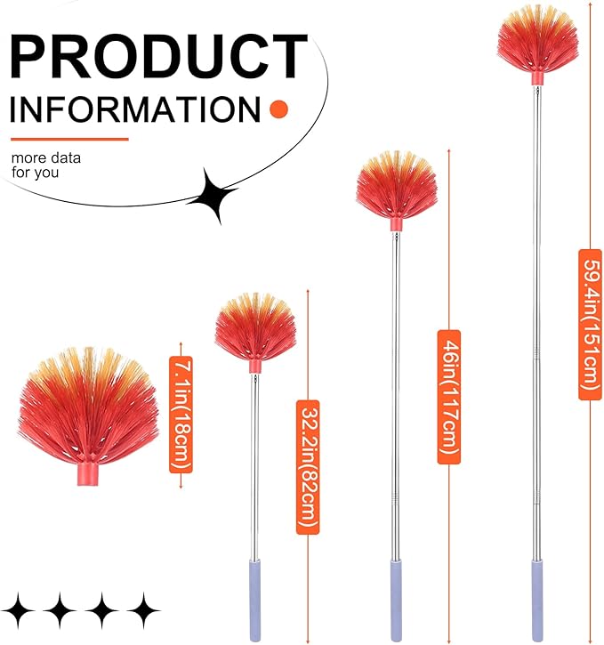 TOXYMHO Cobweb Duster with Extension Pole, 59" Adjustable Stainless Steel Pole, Washable Duster with Medium-Stiff Bristles for Ceiling Fan, High Ceilings, Blinds, Furniture, Kitchen, and Home Cleaning