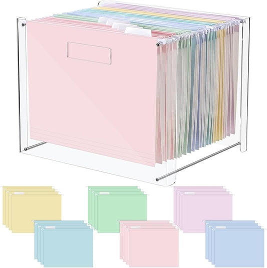 24 Hanging File Folder with Acrylic Organizer for Letter/a4 Size Desktop Clear File Storage Box with Handles for Home Work Office Use(Macaroon,Classic)
