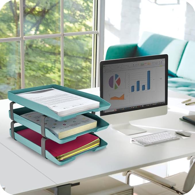 Acrimet Traditional 3 Tier Letter Tray, Front Load Design, A4 Letter Size, Desktop Organizer (Plastic) (Solid Green Color)