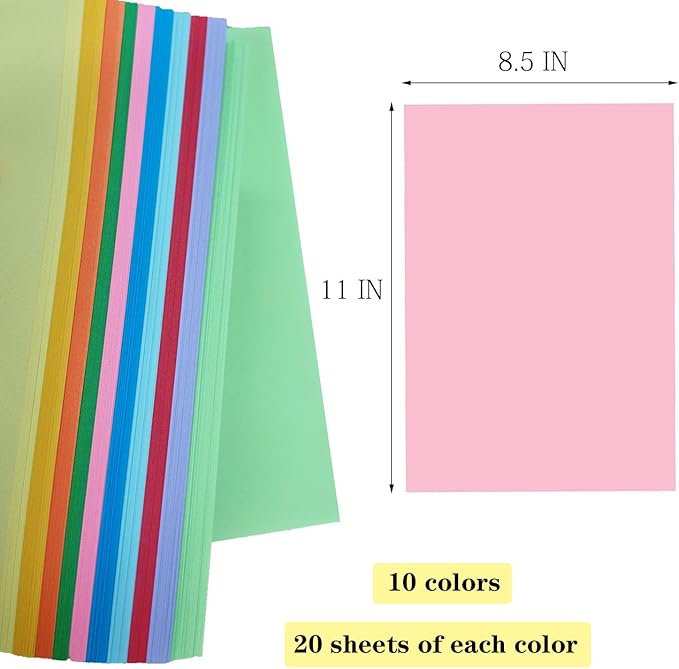 Colored Copy Paper 8.5 x 11 Assorted Colored Print Paper, 10 Colors Letter Size Colored Origami Paper for Cutting DIY Kids Art Craft School Office Supplie(200 Sheets)