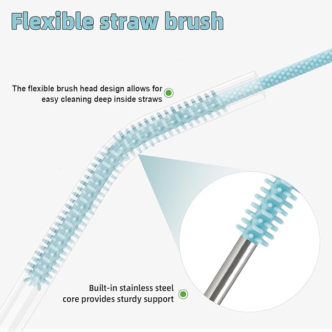TenderBloom Silicone Straw Cleaner Brush, 4-Piece Reusable Straw Brush Set with Extra-Long Design for Cleaning Thin Metal Straws and Wider Milkshake Straws （6mm+9mm Blue)