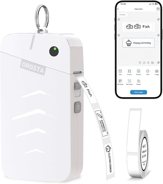 ORGSTA Label Maker Machine with Tape Bluetooth Portable Thermal Labelling Printer for School Home Office Organization, Wireless Mini Labeler S001 Label Machine with Label Sticker Maker, White