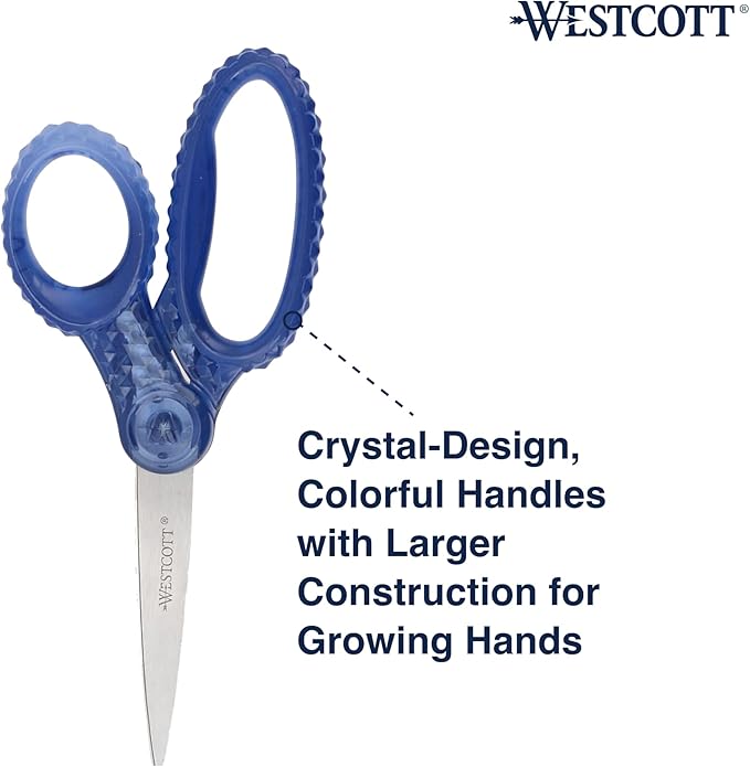 Westcott GEM Crystal-Design 7-Inch Pointed Student Scissors for Ages 12+, Classroom Essential with Comfortable Grip, Ideal for Left or Right Hand, Back to School, School Supplies, Blue