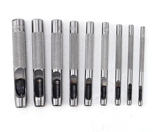 Leathe Punch Set Heavy Duty Round Hole Punch Set Leather Hole Tool,for Leather, Canvas (Silver, 9-pcs)