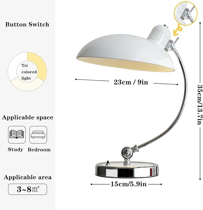 Industrial Vintage Metal Desk Lamp - Glossy Electroplated, Adjustable Arm & Shade, Button Switch - Perfect for Bedroom Nightstand/Office Study/Reading - Retro Table Lamp(White)