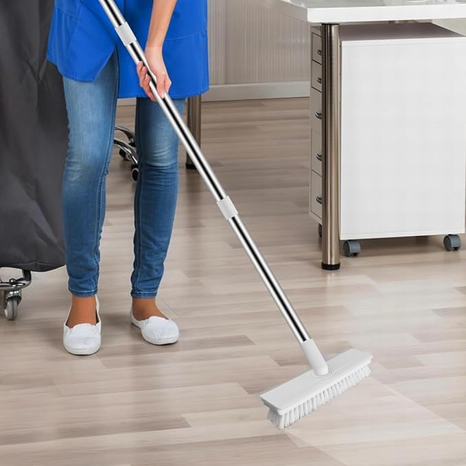 ZHAYAO Floor Scrub Brush with Long Handle, 2 in 1 Scrape Brush Stiff Bristle Floor Scrubber for Cleaning Shower Bathroom Garage Kitchen Wall Deck Tub Tile (White, 1 Pack)