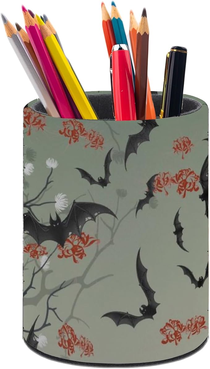 Bats Flowers Pen Holder Pencil Organizer Cute Pencil Cup Desk Decor Makeup Brush Holder PU Multifunctional Office Suppliesfor Home Classroom School