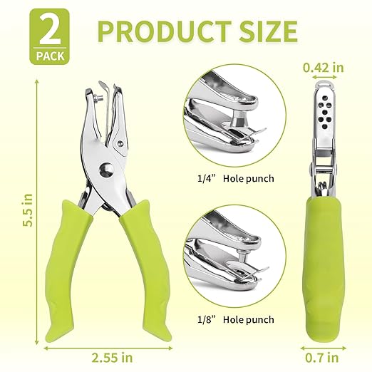 Single Hole Punch, 2 Pcs Hand Hole Puncher with-Green