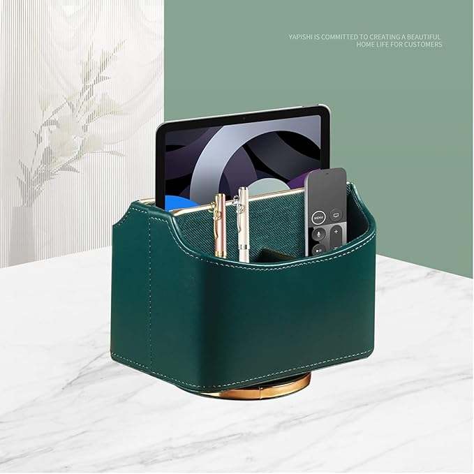 Leather Remote Control Holder for Table, 360 Degree Spinning TV Remote Caddy, Bedside Desk Organizer for DVD, Media, Blu-Ray, Heater Controllers, Mobile Phone, Glasses and Office Supplies Storage