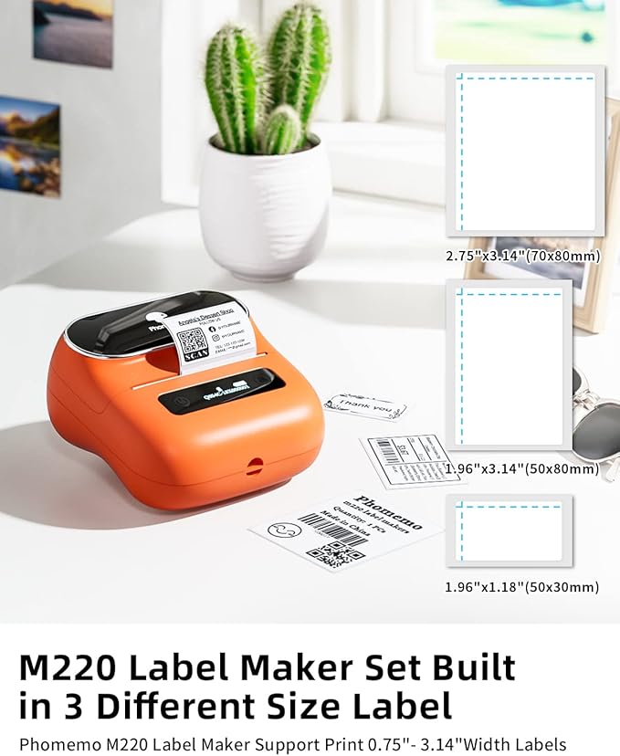 Phomemo M220 Label Maker, New Flagship Barcode Printer, 3.14 '' Bluetooth Thermal Label Printer, for Address, Mailing, Files,Small Printer Compatible with Android, iOS,with 3 Label, 80mm
